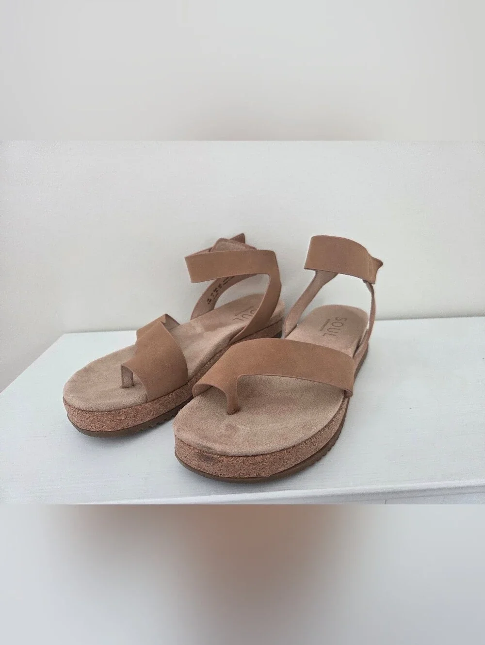 SOUL Naturalizer Neutral Tan Platform Sandal with Ankle Strap.